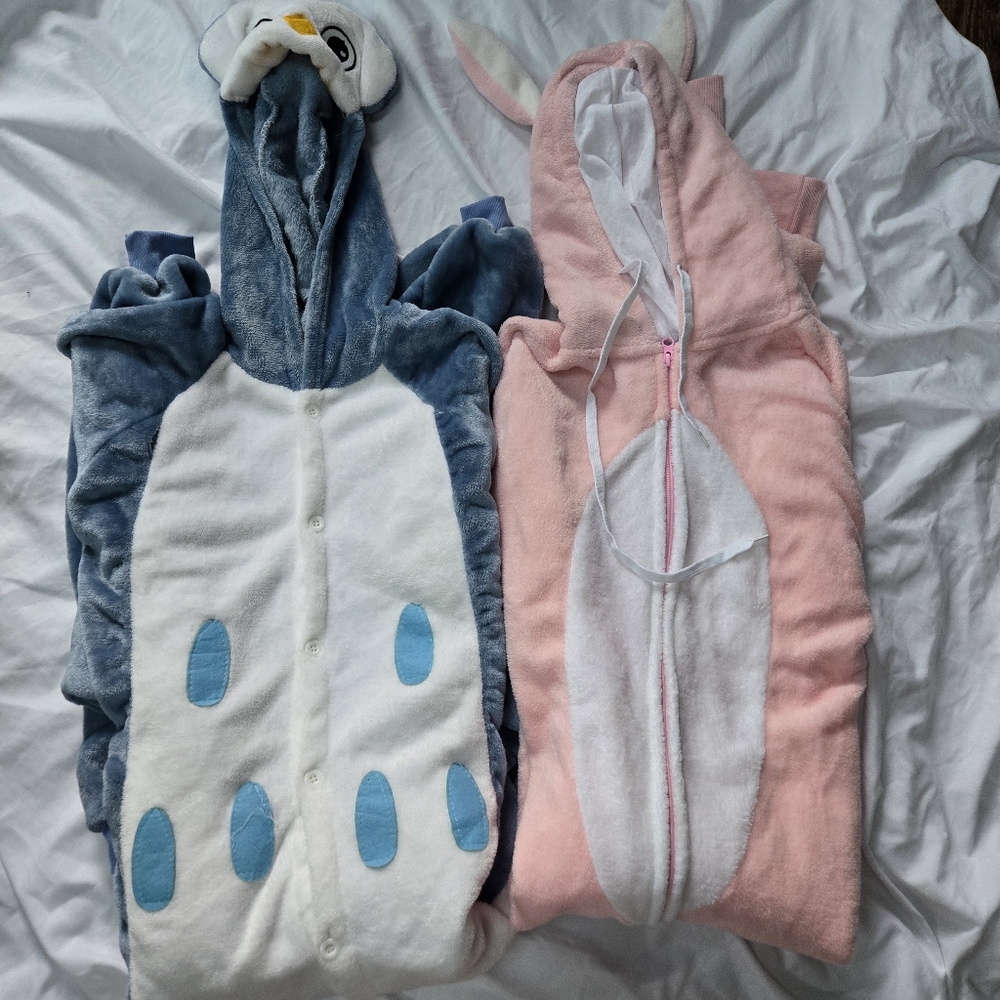 Bundle Of Two Blue Penguin And Pink Rabbit Onesie Halloween Costumes